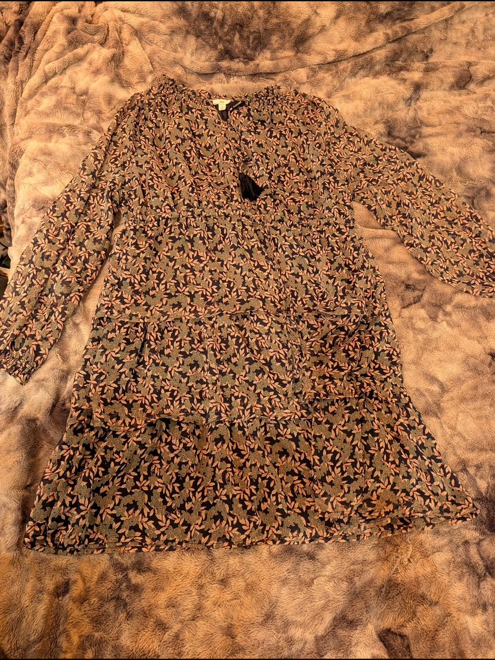 dip Olive, Navy, Tan, and Orange Floral Midi Dress with Tassel Tie